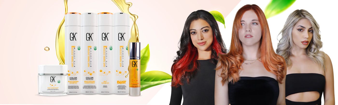 Banner: six GK Hair products from Deep Conditioner to Hair Serum in a golden oil splash, beside red, copper and blonde models