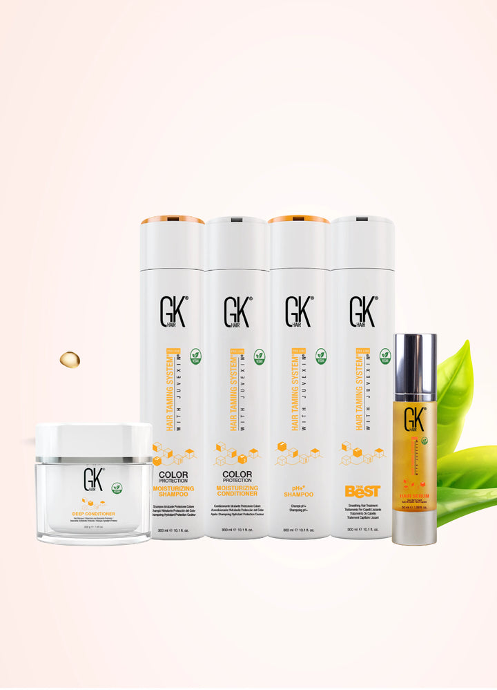 Tall peach banner: GK Hair Deep Conditioner 200 g jar, Color Protection Shampoo and Conditioner, pH+ Shampoo, The Best and Hair Serum