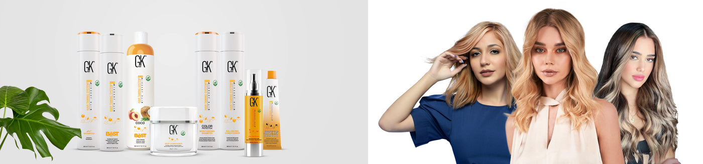 Wide GK Hair lineup of eight, from pH+ Shampoo and Coco The Best to VolumizeHer and Juvexin Cream Color, beside three models
