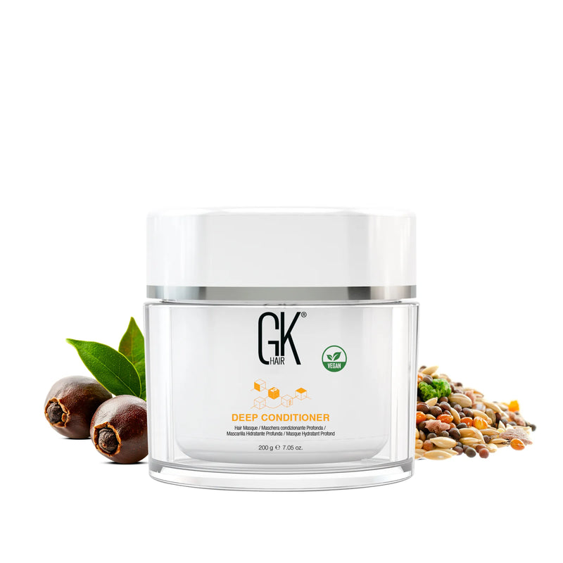 GK Hair Deep Conditioner hair masque jar, 200 g / 7.05 oz, Vegan badge, beside jojoba nuts, leaves and mixed seeds