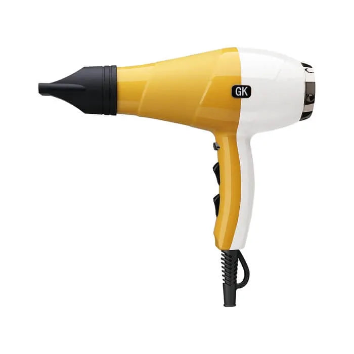 GK Hair Ion Pro Blow Dryer side view, yellow and white professional dryer with a black concentrator nozzle and GK badge