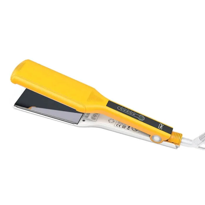 GK Hair One Control Titanium Flat Iron angled close-up of the wide black plates, control panel and round power button
