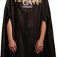 Blonde model in the black GK Hair Professional Salon Cape, full length past the knees with the white logo on the chest