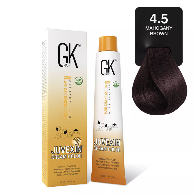 GK Hair's Juvexin 4.5 Mahogany Brown Cream Color product set.