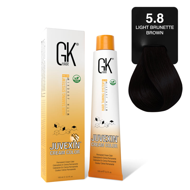 GK Hair's Juvexin 5.8 Brunette Brown Cream Color product set.