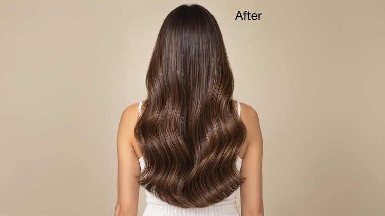 'After' shot of a woman from behind with long glossy brown waves against a beige backdrop