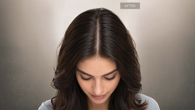 'AFTER' shot of a woman looking down to show a clean, even parting and glossy dark brown hair