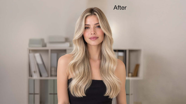 Close-up of neutralized, bright, and conditioned blonde hair after using Leave-In Bombshell Cream.