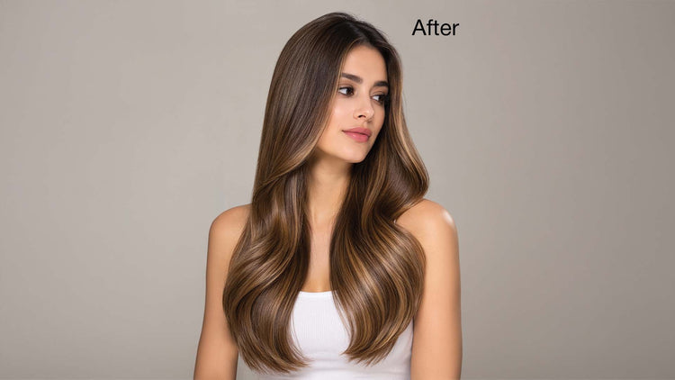 'After' shot of the same woman with long sleek, glossy ash brown hair, grey backdrop