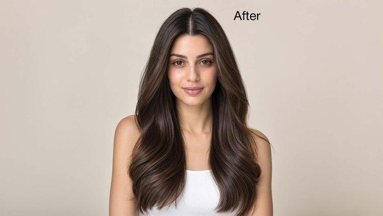 'After' shot of the same woman with long smooth, glossy dark brown waves, beige backdrop