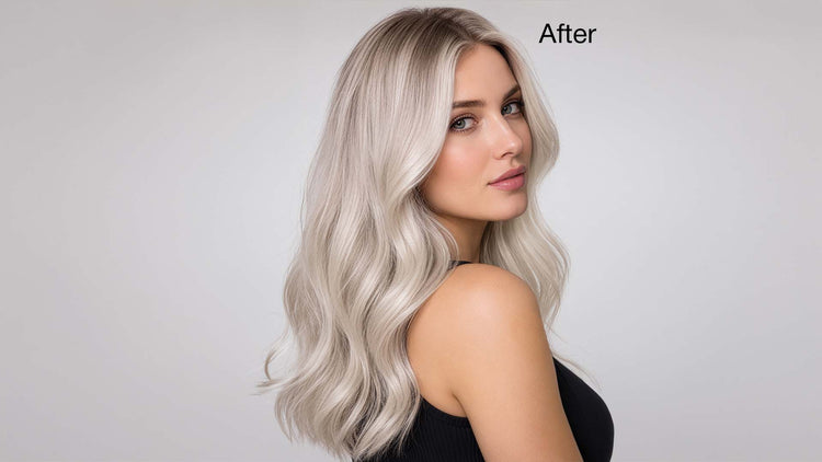 'After' shot of the same woman with long smooth, glossy blonde waves