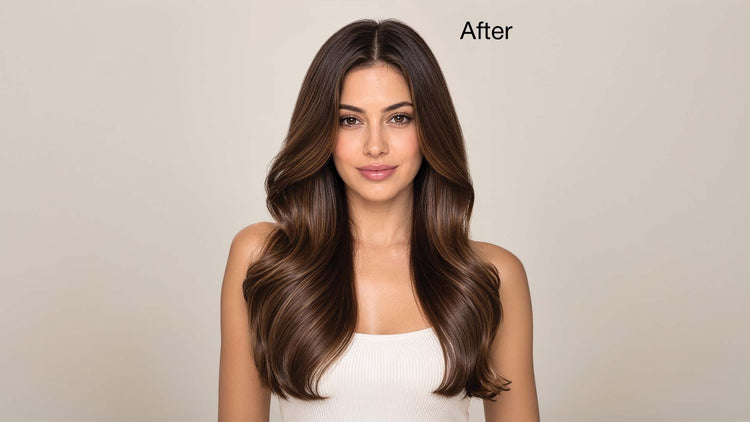 Close-up of sleek, heat-protected, and polished hair after using ThermalStyleHer Cream.