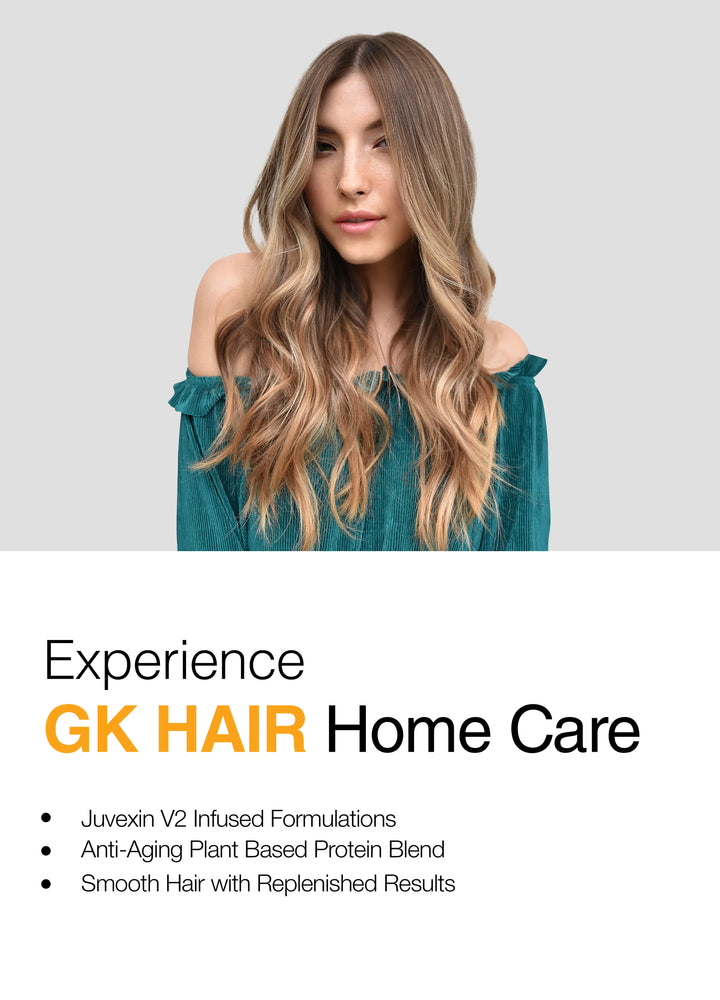 Woman with long, wavy hair against a gray background with text about GK Hair Home Care.