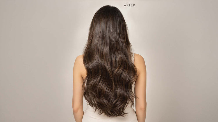 'AFTER' shot from behind of long smooth, glossy brown waves against a pale backdrop