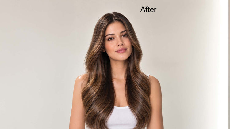 'After' shot of the same woman with long smooth, glossy light brown waves, grey backdrop