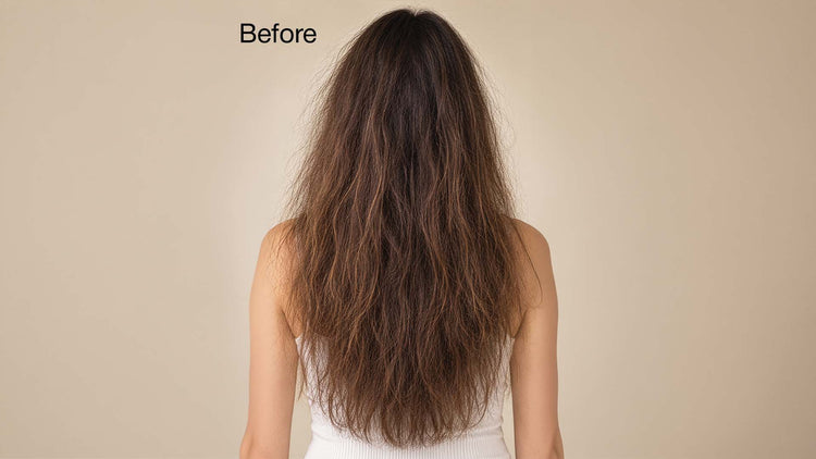 'Before' shot of a woman from behind with long dry, frizzy brown hair against a beige backdrop
