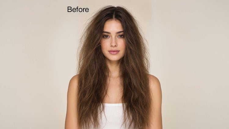 Close-up of hair with flyaways, frizz, and dry texture before using Cashmere cream.