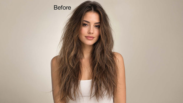 Close-up of dry, damaged, and brittle hair before using Deep Conditioner.