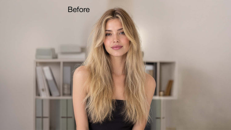Close-up of brassy, dull blonde hair before using Leave-In Bombshell Cream.