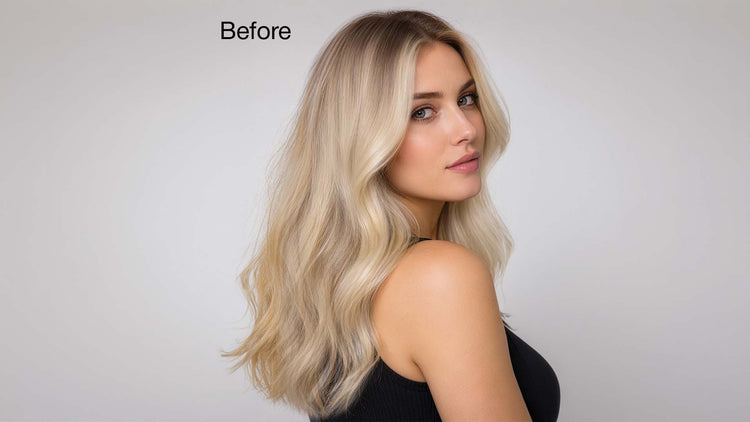 'Before' shot of a woman with long blonde hair looking over her shoulder, dry and undefined at the ends
