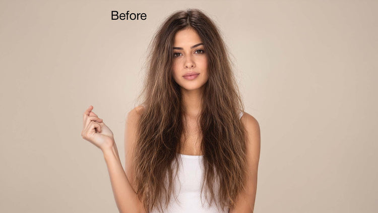 Close-up of dry, frizzy, and unmanaged hair before Serum