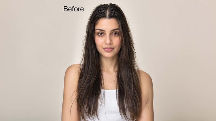 'Before' shot of a woman with long dark hair that looks dry and undefined, beige backdrop