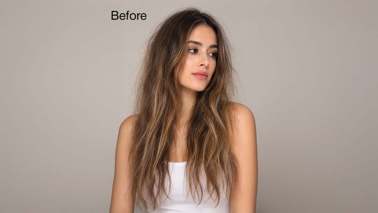 'Before' shot of a woman with long frizzy ash brown hair, looking to one side against a grey backdrop