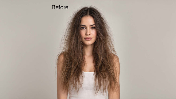 Close-up of dull, dry, and static-prone hair before using Leave-In Hair Spray.