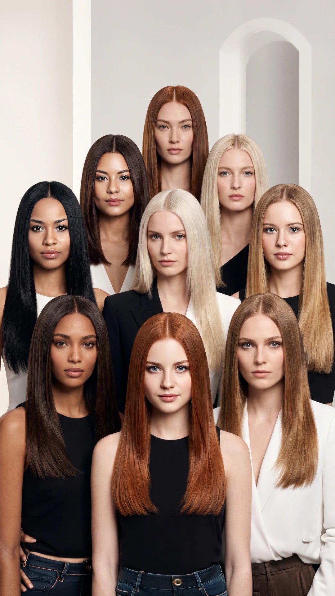 Group photo of diverse models with sleek, straight hair showcasing a range of hair shades including black, brown, blonde, and copper red.