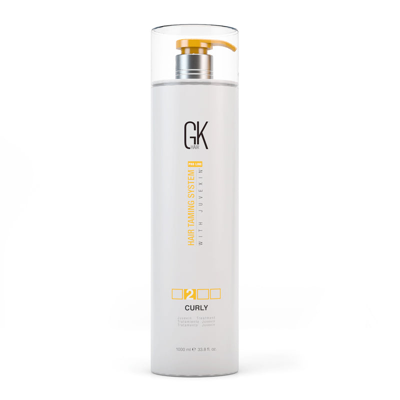 GK Hair Curly Juvexin Treatment 1000 ml frosted white pump bottle, front view showing step 2 of the Hair Taming System