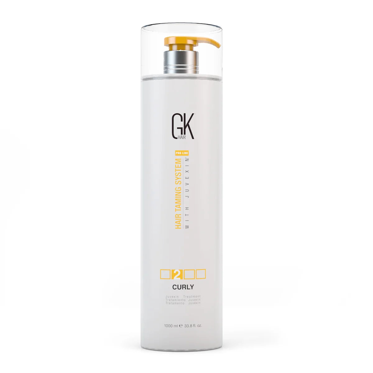 A vertical product shot of a white GK Hair professional bottle featuring a yellow and silver pump, labeled 'Hair Taming System with Juvexin' and marked with step '2' and 'Curly' at 1000 ml / 33.8 fl. oz.