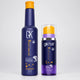 Studio hero shot of the GK Hair Silver Bombshell Shampoo and Leave-In Bombshell Cream bottles displayed together against a clean, light-grey gradient background.