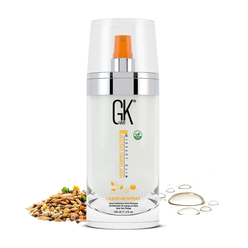 GK Hair Leave-In Spray pump bottle, Hair Taming System with Juvexin, 120 ml / 4 fl. oz., beside mixed seeds and gel droplets