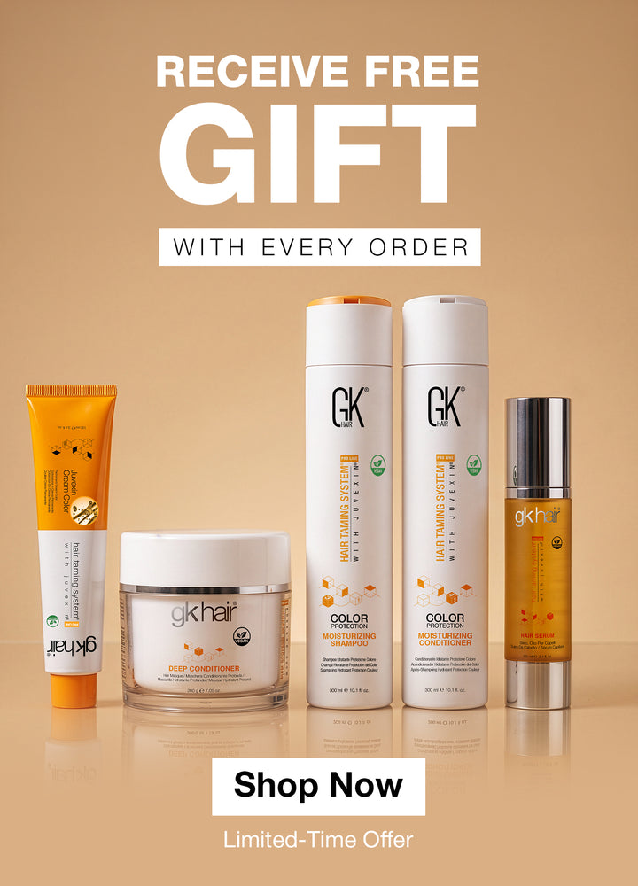 'RECEIVE FREE GIFT WITH EVERY ORDER' banner: Cream Color tube, Deep Conditioner, Color Protection Moisturizing duo and Hair Serum, Shop Now