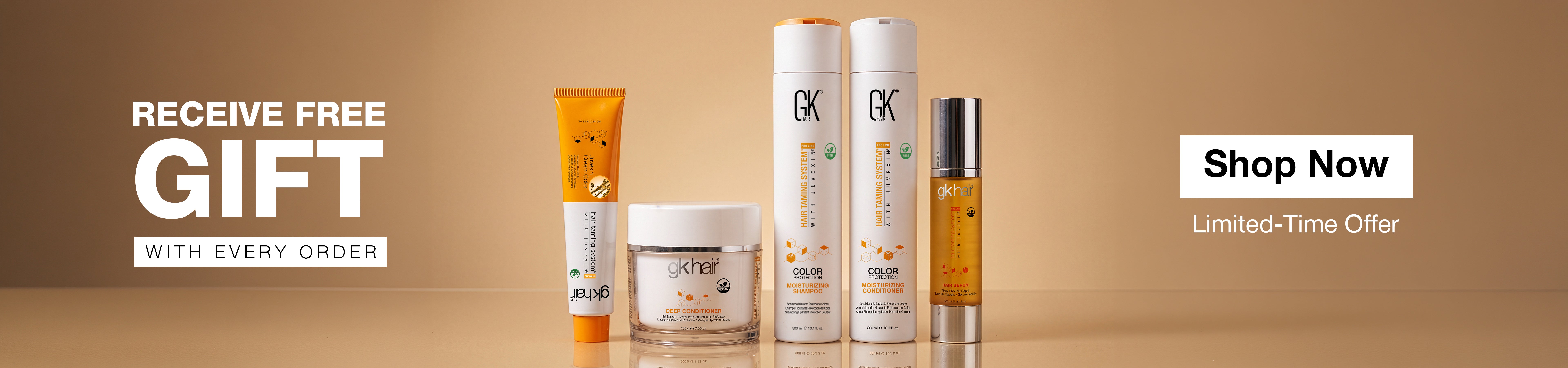 Wide 'RECEIVE FREE GIFT WITH EVERY ORDER' banner: Cream Color tube, Deep Conditioner, Color Protection Moisturizing duo, Hair Serum