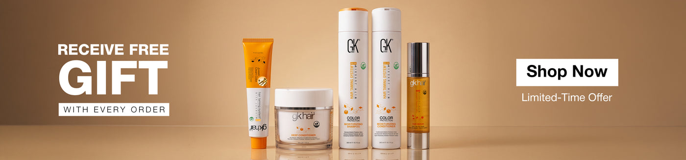 Wide 'RECEIVE FREE GIFT WITH EVERY ORDER' banner: Cream Color tube, Deep Conditioner, Color Protection Moisturizing duo, Hair Serum
